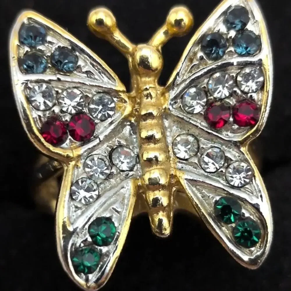 Vintage 3D Butterfly Ring 18 Karat Gold Electroplated w/ Rhinestones Size 6.25